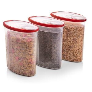 3 pack of cereal containers RUBBERMAID red trim lid 10.5”X10.25”x5.25”